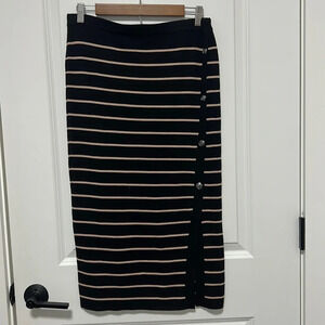 Retrelogy Black Striped Pencil Skirt Elasticized Waist Midi Knit front Slit Med